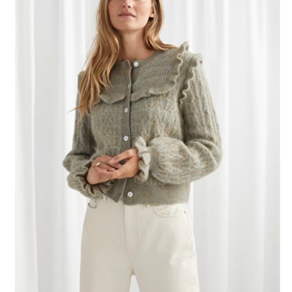 NWT Green Alpaca Mohair Cable Knit Ruffle Cardigan - Picture 3 of 7